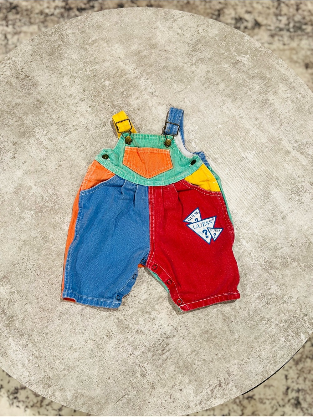 Vintage 90s Guess Kids Multicolor Colorblock Denim Overalls Romper